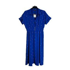 Alex & Parker Women 1X Blue Maxi Midi Dress Gold Print Stretch Button Boho Chic